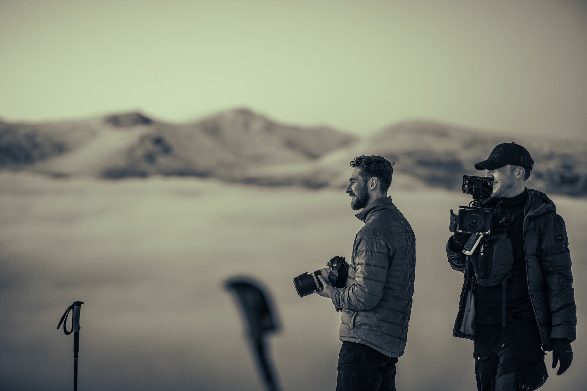Luke Martin and Aslan Steel with cameras on a Scottish mountain