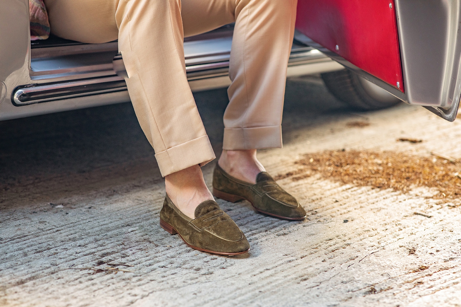 Edward Green Piccadilly loafers coming out of a car